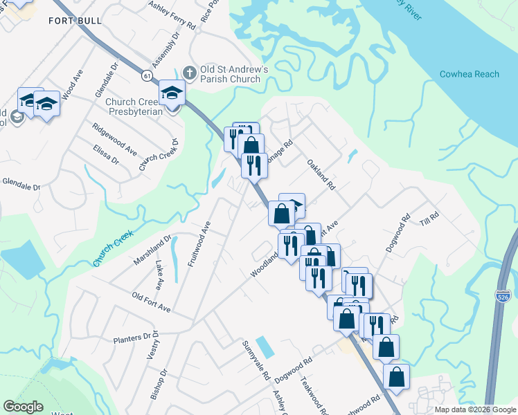 map of restaurants, bars, coffee shops, grocery stores, and more near 1810 Otis Avenue in Charleston