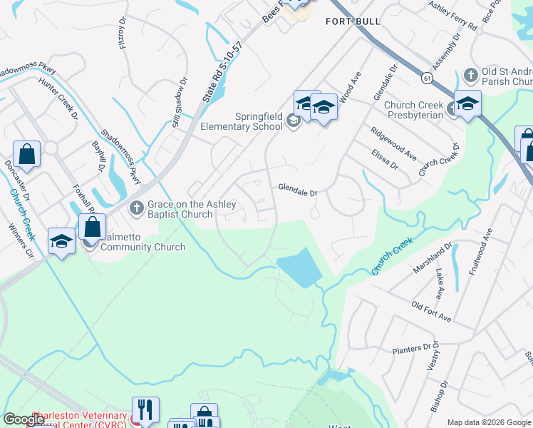 map of restaurants, bars, coffee shops, grocery stores, and more near 1996 Wild Flower Lane in Charleston
