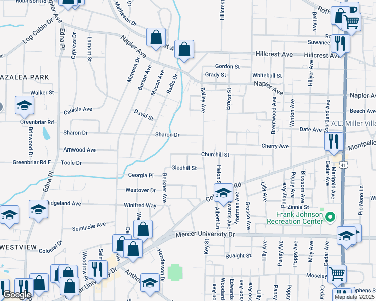 map of restaurants, bars, coffee shops, grocery stores, and more near 3057 Churchill Street in Macon