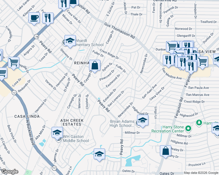 map of restaurants, bars, coffee shops, grocery stores, and more near 10126 Eastwood Drive in Dallas