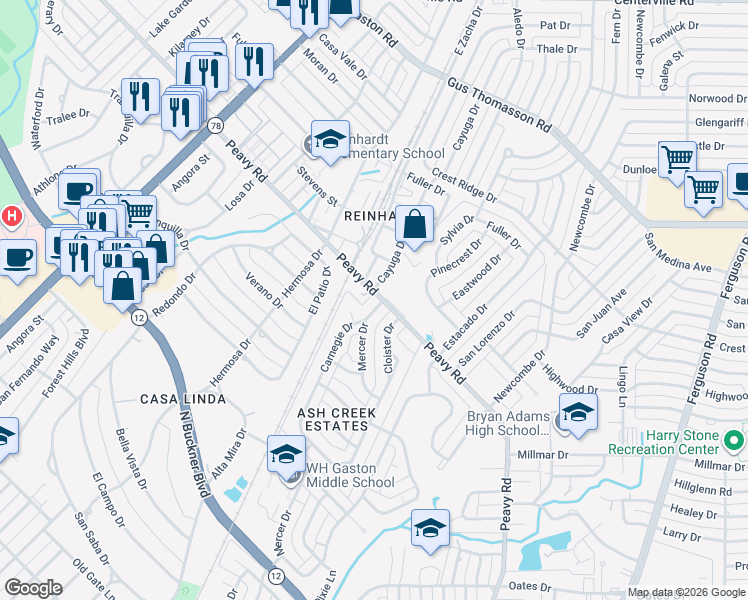 map of restaurants, bars, coffee shops, grocery stores, and more near 9923 Carnegie Drive in Dallas