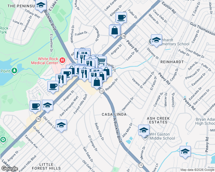 map of restaurants, bars, coffee shops, grocery stores, and more near 9511 Redondo Drive in Dallas