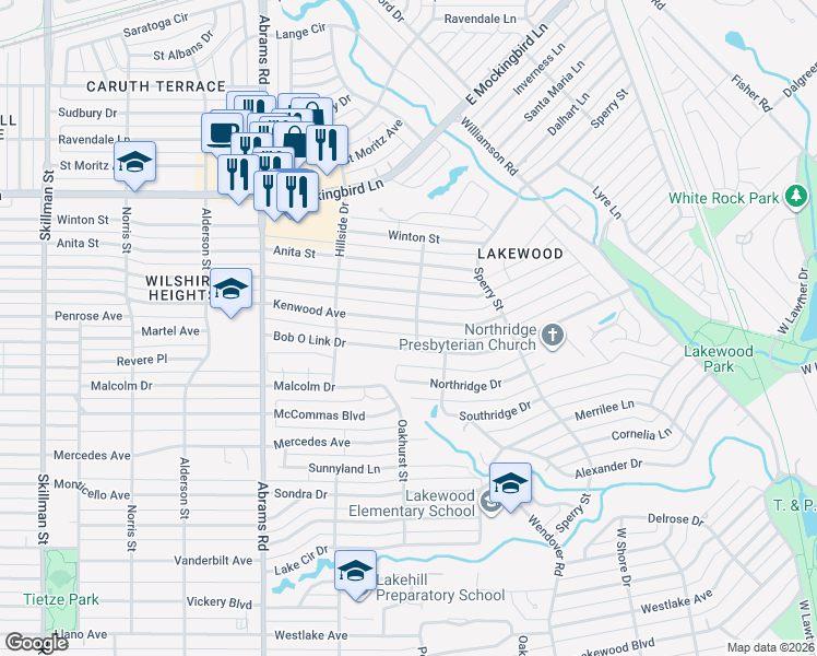 map of restaurants, bars, coffee shops, grocery stores, and more near 6572 Kenwood Avenue in Dallas