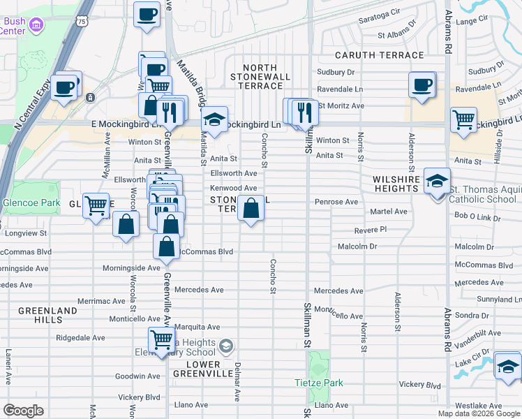 map of restaurants, bars, coffee shops, grocery stores, and more near in Dallas