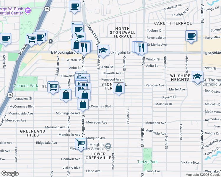 map of restaurants, bars, coffee shops, grocery stores, and more near 5832 Penrose Avenue in Dallas