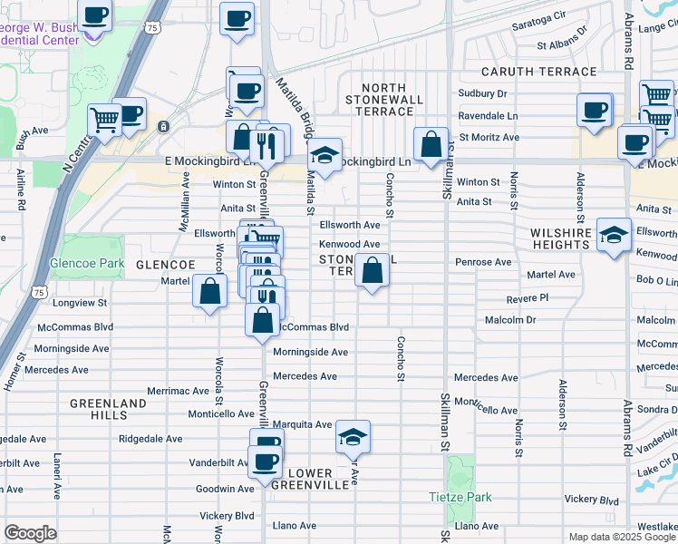 map of restaurants, bars, coffee shops, grocery stores, and more near 5832 Penrose Avenue in Dallas