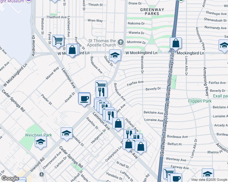 map of restaurants, bars, coffee shops, grocery stores, and more near 3723 Fairfax Avenue in Dallas