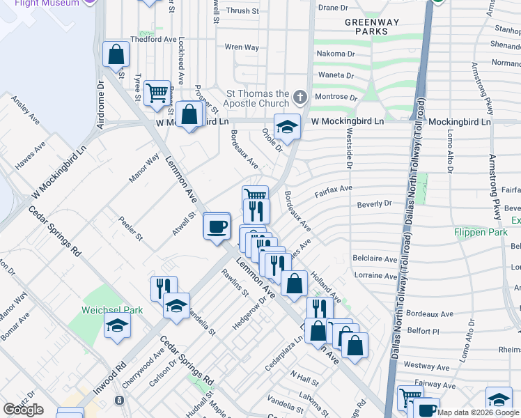 map of restaurants, bars, coffee shops, grocery stores, and more near 3634 Inwood Road in Dallas