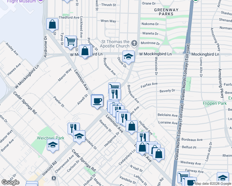 map of restaurants, bars, coffee shops, grocery stores, and more near 3634 Inwood Road in Dallas