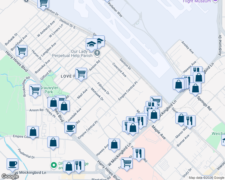 map of restaurants, bars, coffee shops, grocery stores, and more near 7202 Fillmore Drive in Dallas