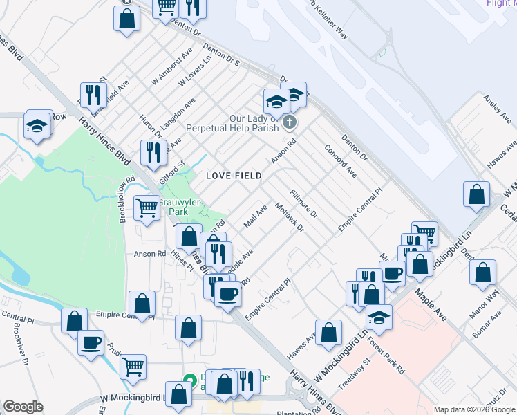 map of restaurants, bars, coffee shops, grocery stores, and more near 2252 Mail Avenue in Dallas