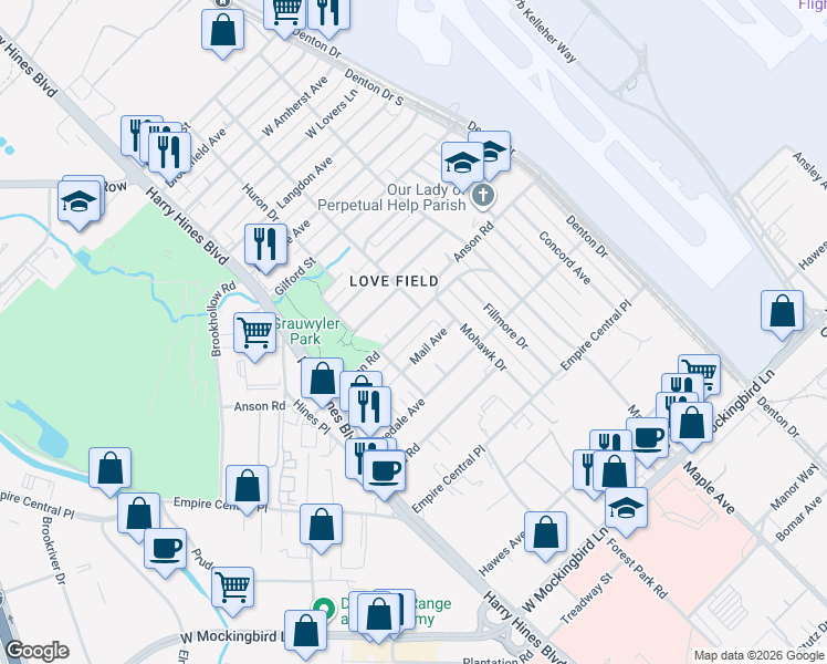 map of restaurants, bars, coffee shops, grocery stores, and more near 2228 Anson Road in Dallas