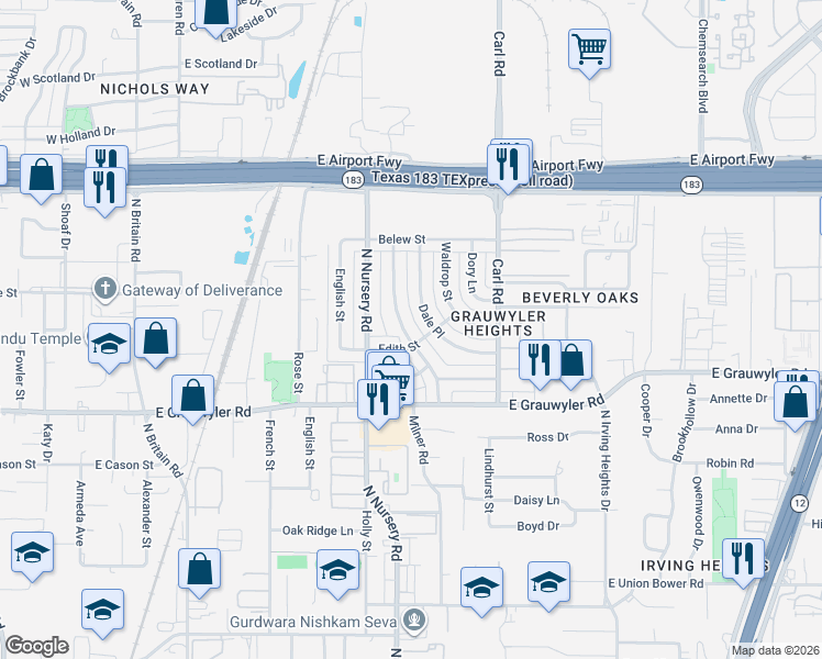 map of restaurants, bars, coffee shops, grocery stores, and more near 1725 Dale Place in Irving