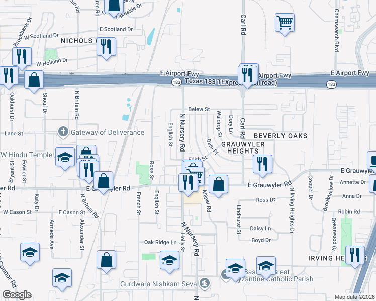 map of restaurants, bars, coffee shops, grocery stores, and more near 1725 Milner Road in Irving