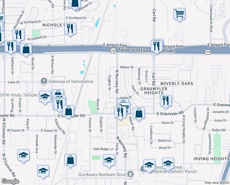map of restaurants, bars, coffee shops, grocery stores, and more near 1714 English Street in Irving