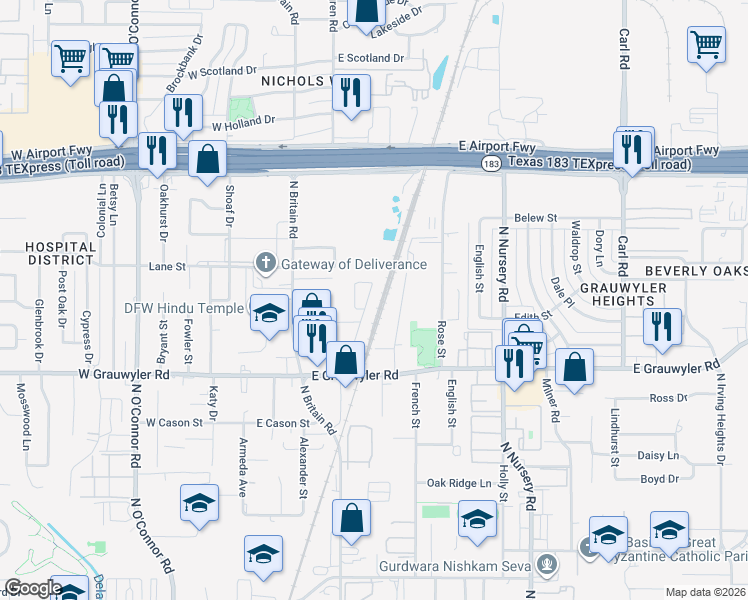 map of restaurants, bars, coffee shops, grocery stores, and more near 1629 Oak Lea Drive in Irving