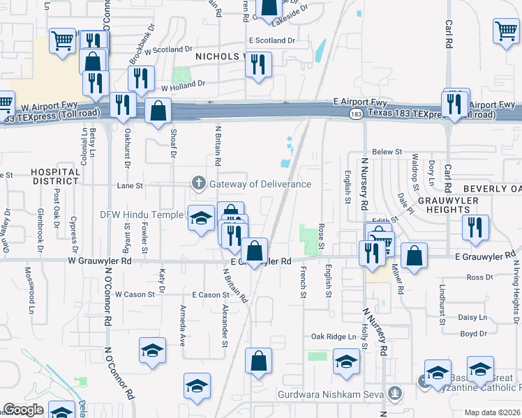 map of restaurants, bars, coffee shops, grocery stores, and more near 1713 Beverly Street in Irving