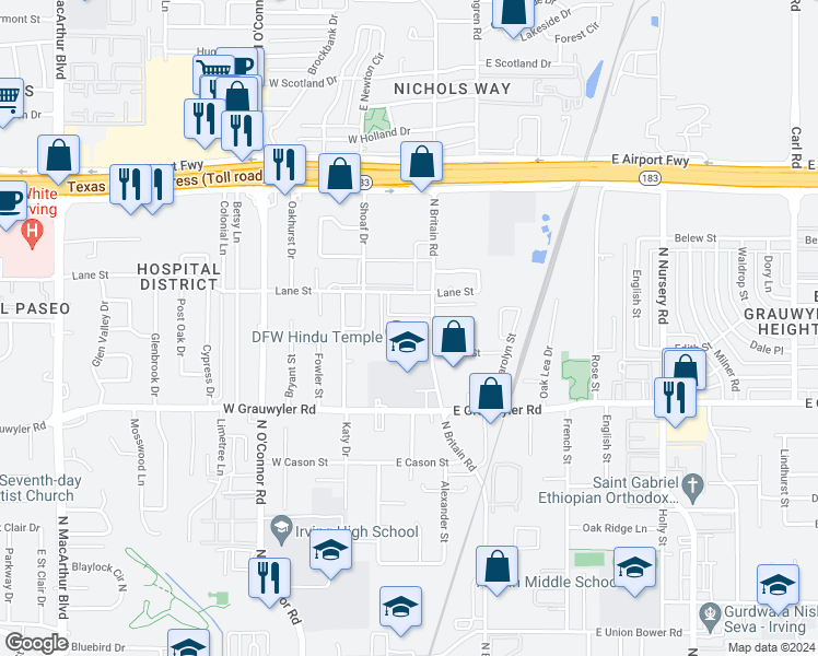 map of restaurants, bars, coffee shops, grocery stores, and more near 148 North Britain Road in Irving