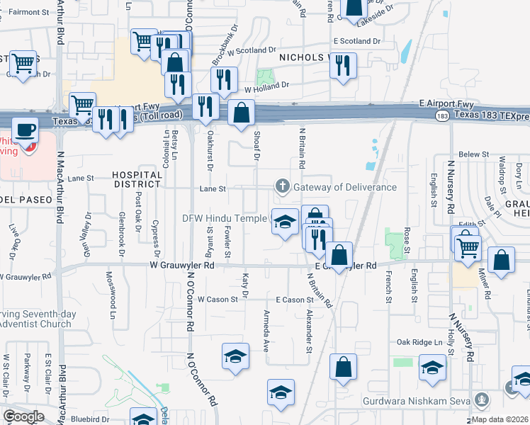 map of restaurants, bars, coffee shops, grocery stores, and more near 1703 Trotter Street in Irving
