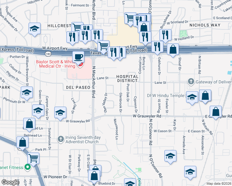 map of restaurants, bars, coffee shops, grocery stores, and more near 1701 Glenbrook Drive in Irving