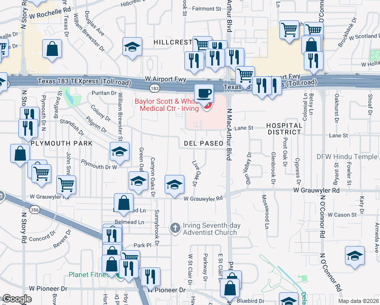 map of restaurants, bars, coffee shops, grocery stores, and more near 1718 Cripple Creek Drive in Irving