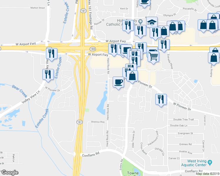 map of restaurants, bars, coffee shops, grocery stores, and more near 4423 Kennedy Court in Irving