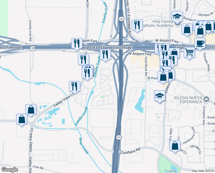 map of restaurants, bars, coffee shops, grocery stores, and more near 4522 West Pioneer Drive in Irving