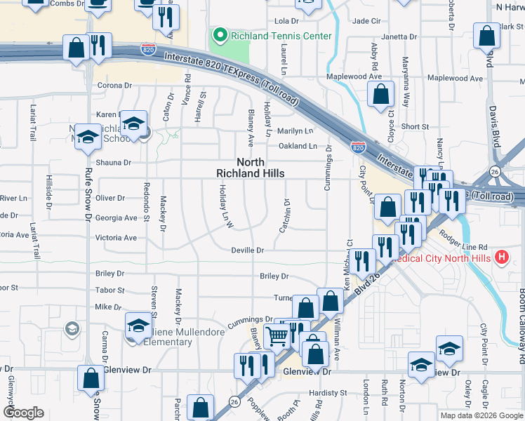 map of restaurants, bars, coffee shops, grocery stores, and more near 4617 Holiday Lane in North Richland Hills