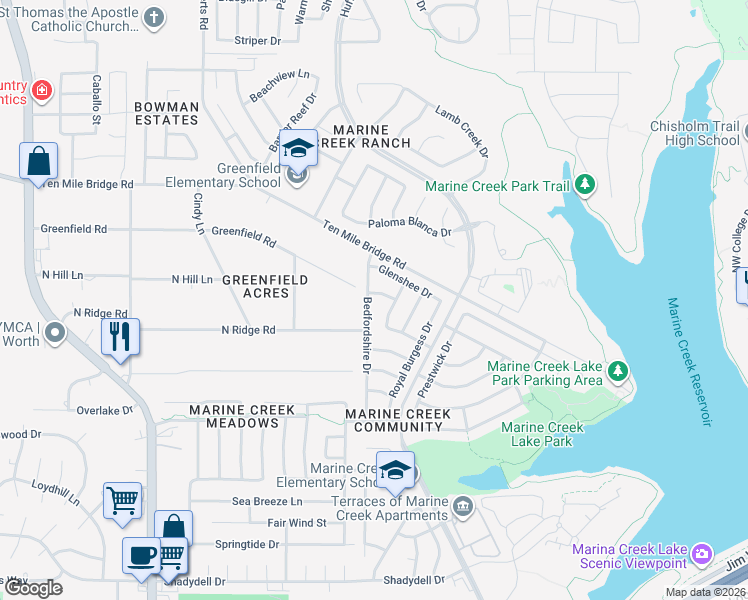 map of restaurants, bars, coffee shops, grocery stores, and more near 5705 Addington Drive in Fort Worth