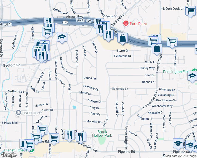 map of restaurants, bars, coffee shops, grocery stores, and more near 1320 Martha Drive in Bedford