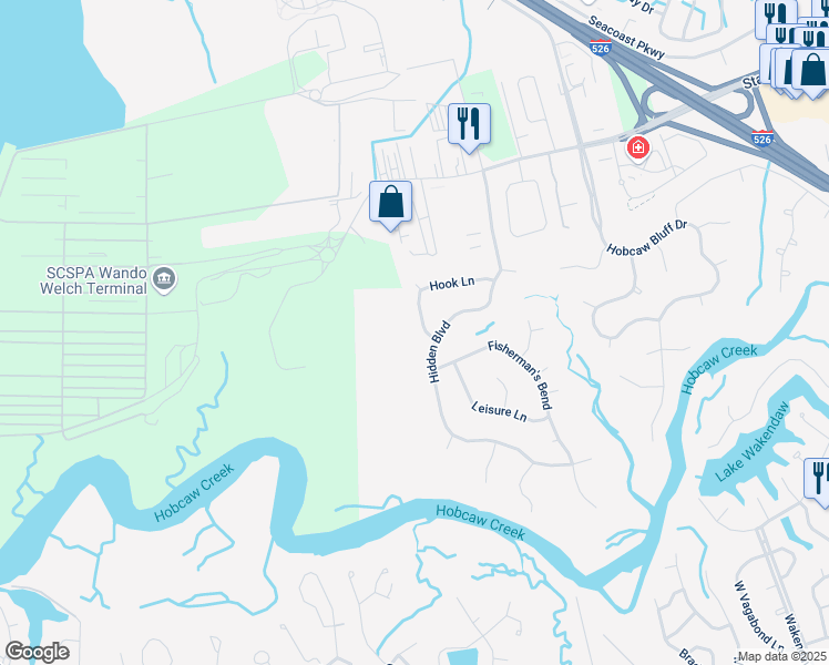 map of restaurants, bars, coffee shops, grocery stores, and more near 274 Hook Lane in Mount Pleasant
