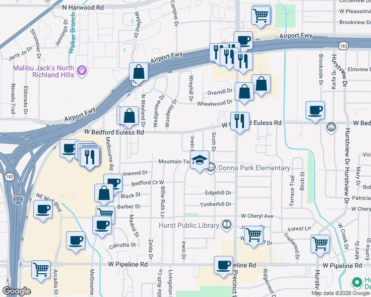 map of restaurants, bars, coffee shops, grocery stores, and more near 1200 Royal Terrace in Hurst