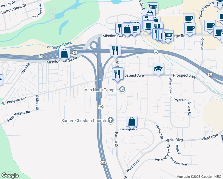 map of restaurants, bars, coffee shops, grocery stores, and more near 9037 De Mott Lane in Santee