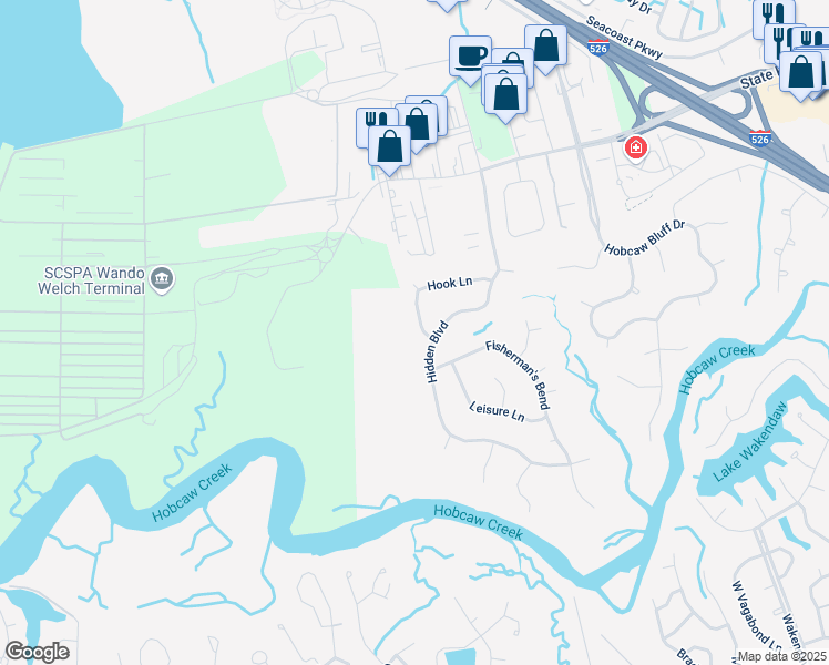 map of restaurants, bars, coffee shops, grocery stores, and more near 274 Hook Lane in Mount Pleasant