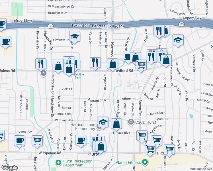 map of restaurants, bars, coffee shops, grocery stores, and more near 1200 Simpson Drive in Hurst