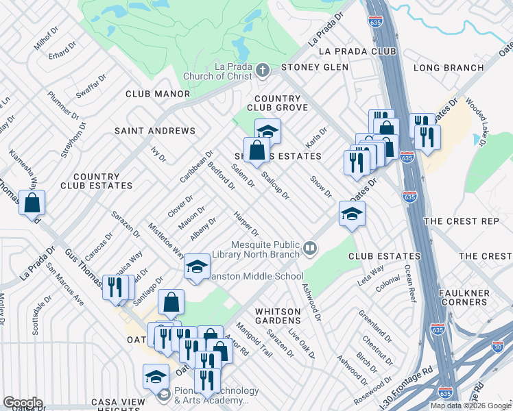 map of restaurants, bars, coffee shops, grocery stores, and more near 4778 Bedford Drive in Mesquite