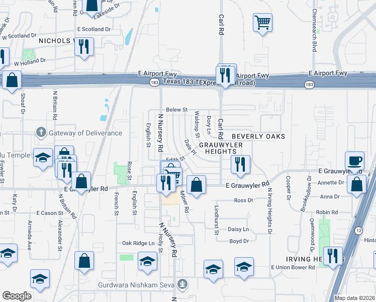 map of restaurants, bars, coffee shops, grocery stores, and more near 1725 Dale Place in Irving