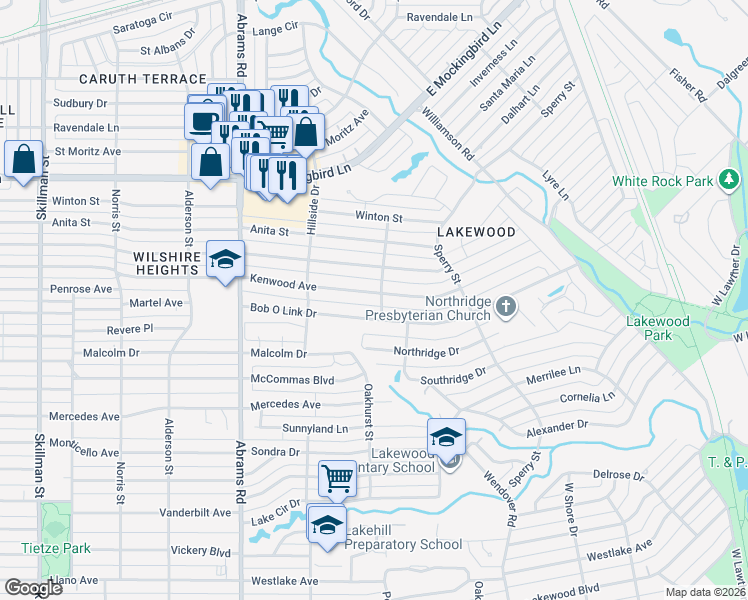 map of restaurants, bars, coffee shops, grocery stores, and more near 6572 Kenwood Avenue in Dallas