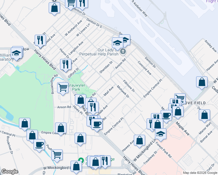 map of restaurants, bars, coffee shops, grocery stores, and more near 2252 Mail Avenue in Dallas