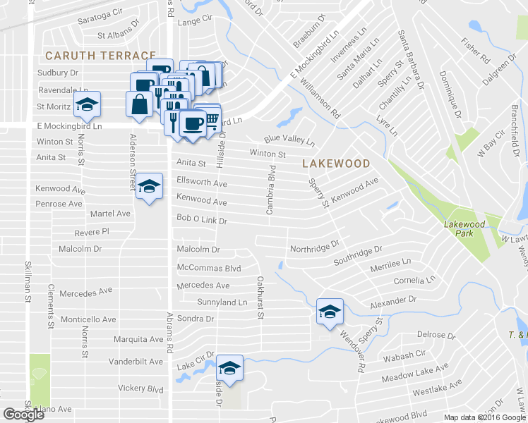 map of restaurants, bars, coffee shops, grocery stores, and more near 6572 Kenwood Avenue in Dallas
