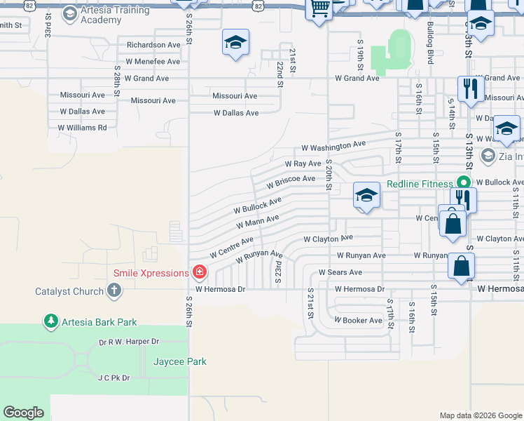 map of restaurants, bars, coffee shops, grocery stores, and more near 2309 West Bullock Avenue in Artesia