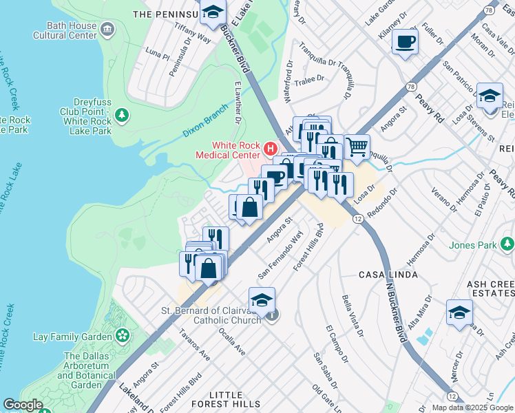 map of restaurants, bars, coffee shops, grocery stores, and more near 1121 Beachview Street in Dallas