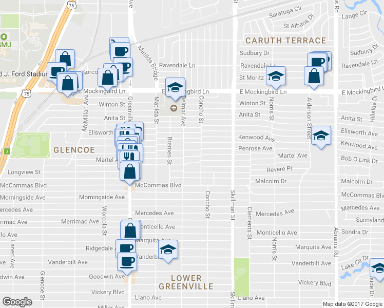 map of restaurants, bars, coffee shops, grocery stores, and more near 5916 Penrose Avenue in Dallas