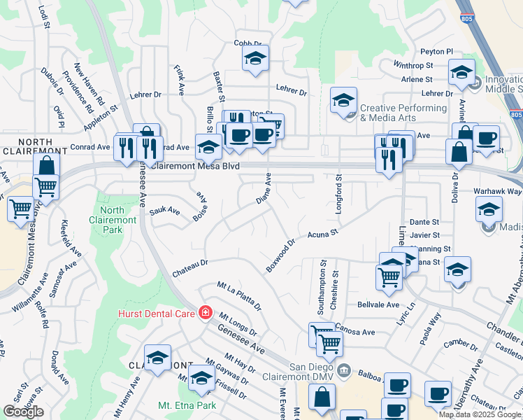 map of restaurants, bars, coffee shops, grocery stores, and more near 4850 Mount Saint Helens Drive in San Diego