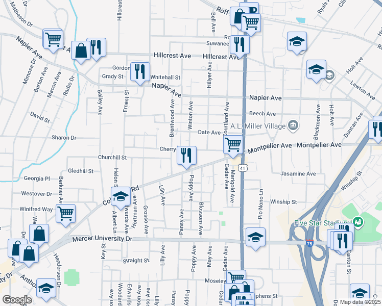 map of restaurants, bars, coffee shops, grocery stores, and more near 2748 Cherry Avenue in Macon