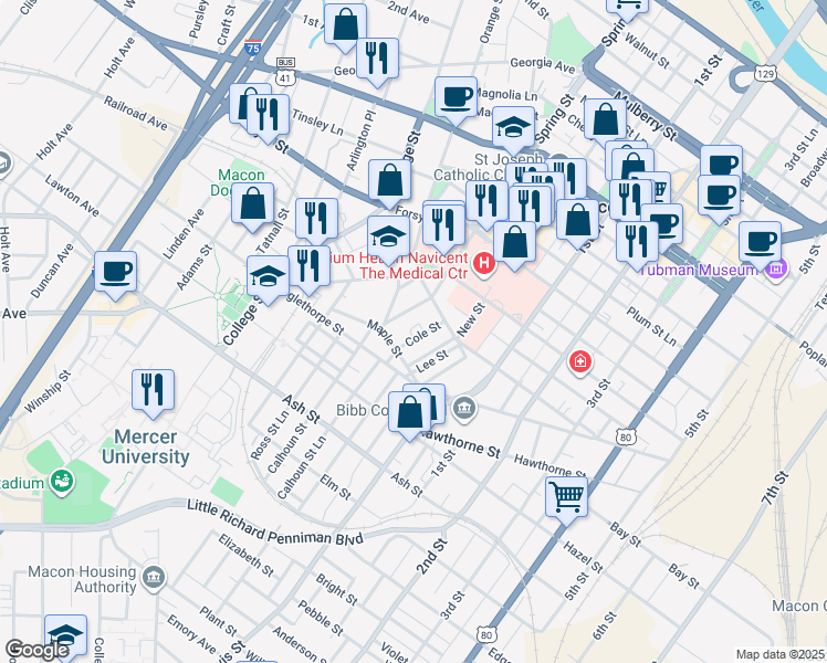 map of restaurants, bars, coffee shops, grocery stores, and more near 975 Maple Street in Macon