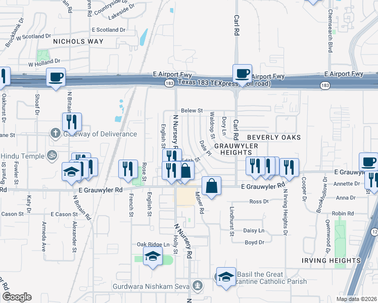map of restaurants, bars, coffee shops, grocery stores, and more near 1725 Milner Road in Irving