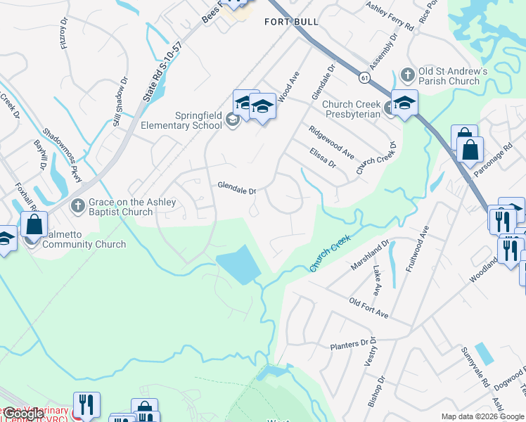 map of restaurants, bars, coffee shops, grocery stores, and more near 2633 Lake Myrtle Drive in Charleston