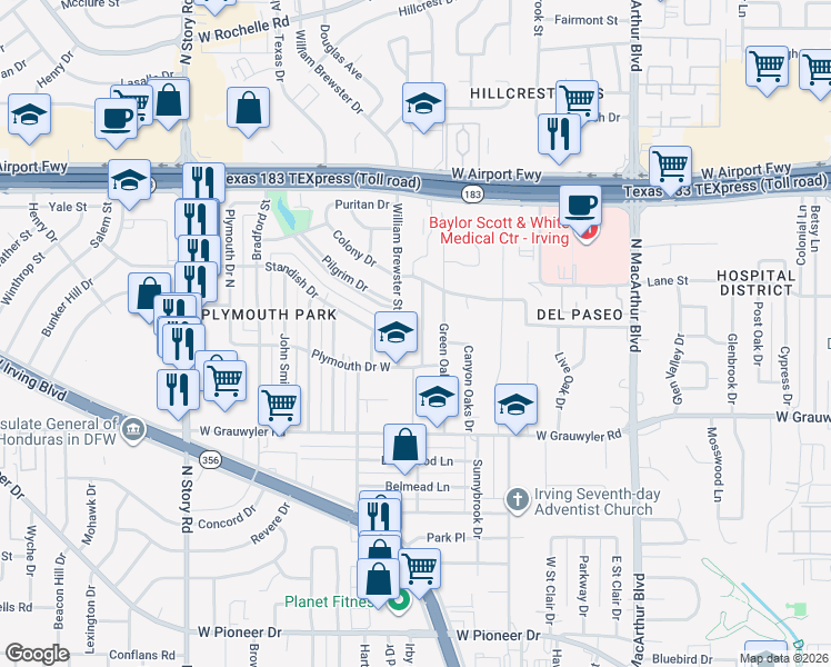 map of restaurants, bars, coffee shops, grocery stores, and more near 1613 Oak Meadow Drive in Irving