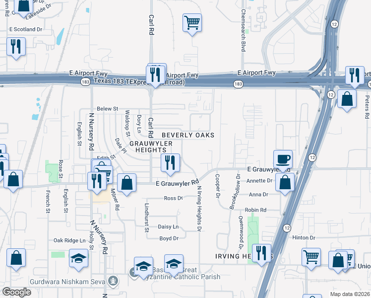 map of restaurants, bars, coffee shops, grocery stores, and more near 1708 North Irving Heights Drive in Irving